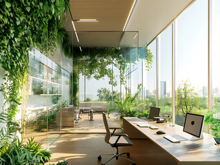Poster - Green, sustainable and eco-friendly office or workspace interior with natural light, modern architecture and business