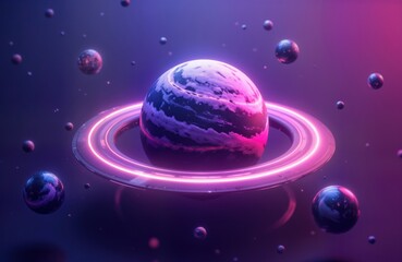 Aufkleber - Futuristic abstract image of round planet with glowing ring. Neon colors create modern design. Planet swirling colors, dark elements. Stars, celestial bodies around planet. Space scene. Future