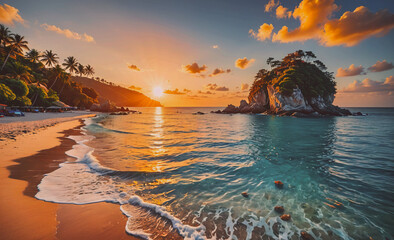 Fototapete - Beautiful beach with a small island in the middle of the ocean. The sun is setting and the water is calm