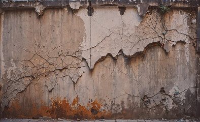 Poster - Wall with cracks and holes in it. The wall is made of concrete. There is a plant growing out of the wall