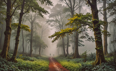 Poster - Forest with a path through it. The path is muddy and has a few people walking on it