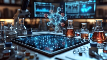 Poster - Modern laboratory with digital representation of molecular structures in 4k quality