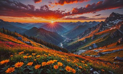 Aufkleber - Mountain range with a valley in the middle. The valley is filled with flowers and trees. The sun is setting in the background