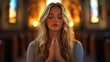 © Julia Zarubina - woman praying in catholic church, faith in god, religion, christianity, parishioner, temple, prayer, service, close-up, horizontal photo, copy space