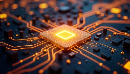 Aufkleber - Advanced tech CPU on motherboard. Data transfer with orange light trails. Electronic circuit board with glowing processor chip. Concept for big data AI machine learning. Modern tech illustration.