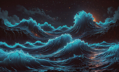 Poster - Large body of water with waves crashing against the shore. The water is blue and the sky is dark