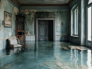 Poster - Rooms floor submerged in water, highlighting the extensive water damage to the interior that requires urgent repair and restoration services