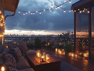 Aufkleber - Roof terrace of a beautiful house with night-time view of the city, view over cozy outdoor terrace with outdoor string lights and lanterns