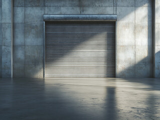 Poster - Roller door or roller shutter using for factory, warehouse or hangar, industrial building interior consist of polished concrete floor and closed door for product display