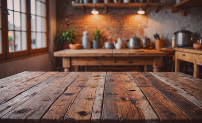 Poster - Kitchen with a wooden table and a window. There are pots and pans on the table. A potted plant is on the table as well