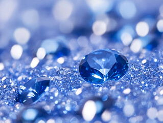 Poster - Sapphire glitter bokeh background with shimmering royal blue sparkles and crystal droplets