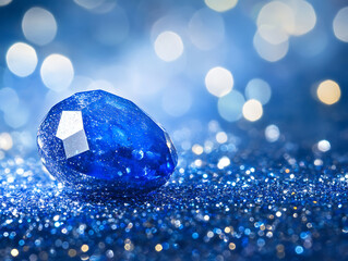 Poster - Sapphire glitter bokeh background with shimmering royal blue sparkles and crystal droplets