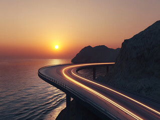 Poster - Scenic curved highway asphalt road with golden sky and mountain in the sunset