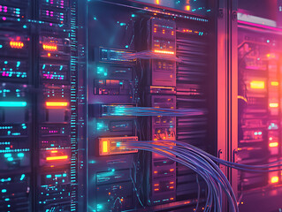 Poster - Server rack with fiber optic cables attached to panel switch ports, electric cables and wires representing fiber optic internet equipment for a data center