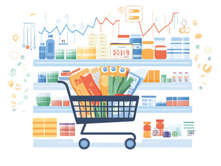 Poster - Shopping cart full of products and food in a supermarket, food and product price increase graphs