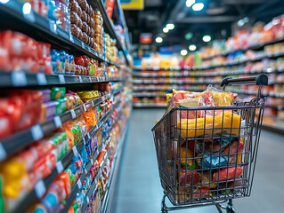 Poster - Shopping cart full of products and food in a supermarket, food and product price increase graphs