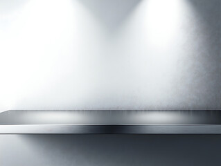 Aufkleber - Silver steel countertop, empty shelf, realistic mockup of table top, kitchen counter on gray background with spot light, bar desk surface in foreground