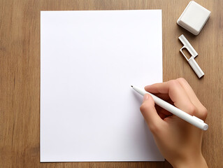 Poster - Simple white desktop with one hand writing on a piece of paper with a neutral pen and some note-taking tools on the table