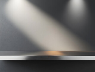 Aufkleber - Silver steel countertop, empty shelf, realistic mockup of table top, kitchen counter on gray background with spot light, bar desk surface in foreground