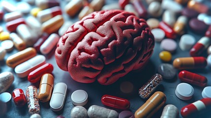Poster - Illustration of a human brain surrounded by various medicine capsules and tablets