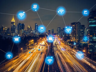 Leinwandbilder - Smart city at night, application development concept, smart city, internet of things, smart life, information technology, gradient grid line