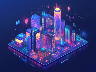 Aufkleber - Smart city on a dark blue background, featuring intelligent infrastructure and connected buildings, this futuristic cityscape showcases iot, 5g and ai integration