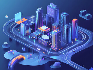 Poster - Smart city on a dark blue background, featuring intelligent infrastructure and connected buildings, this futuristic cityscape showcases iot, 5g and ai integration