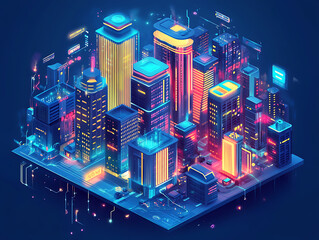 Fototapete - Smart city on a dark blue background, featuring intelligent infrastructure and connected buildings, this futuristic cityscape showcases iot, 5g and ai integration