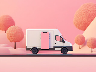 Aufkleber - Smartphone and delivery van on road, pink background, mockup
