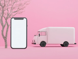 Aufkleber - Smartphone and delivery van on road, pink background, mockup