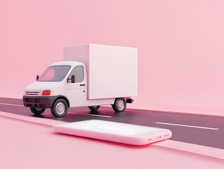 Aufkleber - Smartphone and delivery van on road, pink background, mockup