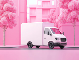 Aufkleber - Smartphone and delivery van on road, pink background, mockup
