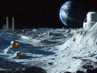 Aufkleber - Space mining base operation on the moon surface, with planet earth in the distance