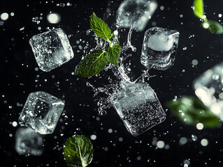 Poster - Sparkling water concept with ice cubes and mint leaves tumbling through space, capturing a feeling of purity and vitality, ideal for a spa or wellness product