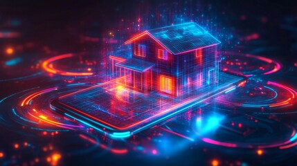 Poster - Glowing holographic house projected above a smartphone with vibrant lighting effects