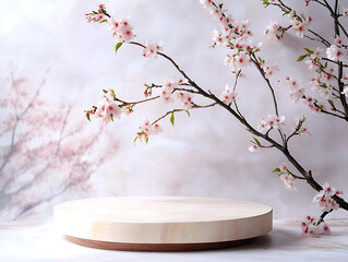 Poster - Spring cherry blossom product display podium for natural product, empty scene with sakura branch