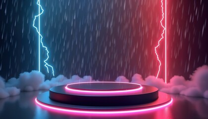 Poster - Neon lights illuminate dark cyber-themed stage with rain, lightning effects. Round pedestal stands out as display platform for products. Space empty ready for product showcase. Geometric shapes used