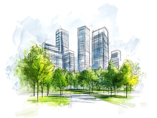 Wall Mural - Sustainable development project sketch, green building and trees, urban planning, green space, and environmental sustainability, with energy efficiency and reduced carbon footprint