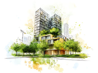 Aufkleber - Sustainable development project sketch, green building and trees, urban planning, green space, and environmental sustainability, with energy efficiency and reduced carbon footprint
