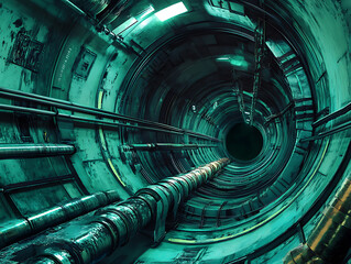 Poster - The urban underground infrastructure by taking a close , up view of a round subway tunnel with tubing