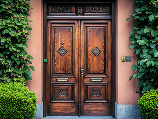 Poster - Traditional cheap front entrance door with wood, brown wooden style