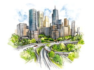 Aufkleber - Urban planning sketch highlighting sustainable elements like green spaces, public transportation, and pedestrian zones -