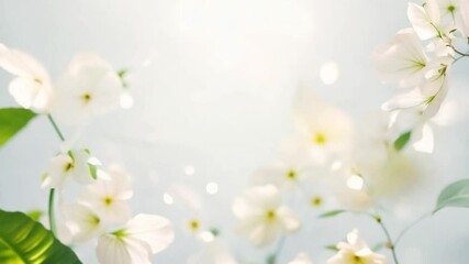 Poster - White flowers gently swaying in the wind create a serene atmosphere against a backdrop of clear blue sky. Green leaves complement the delicate petals, showcasing nature's beauty