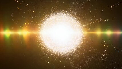 Poster - Golden particles swirl and converge, forming a bright sphere against a dark background, enhanced by captivating lens flares that add depth and vibrancy to the scene