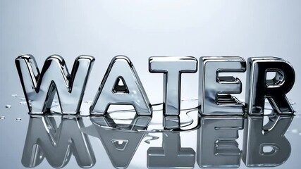 Poster - Water pours over a reflective surface, cascading onto the word water crafted in 3d letters. The scene captures the essence of freshness and purity in a vibrant, liquid display