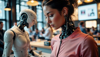 Poster - Close-up of futuristic humanoid robot, woman with advanced AI tech. Woman with stylish outfit looks pensive. Robot sophisticated design. Modern tech concept. Future of work. AI interaction. Meeting