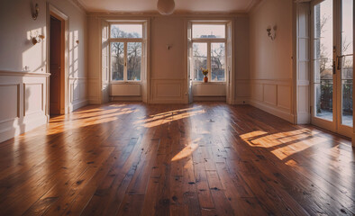 Poster - Large room with wooden floors and a window. The room is empty. There is a vase on the floor