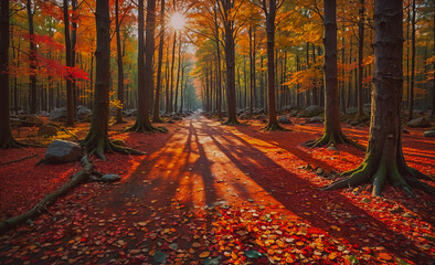 Poster - Forest with a path in the middle. The path is surrounded by trees and leaves. The leaves are orange and red