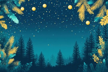 Poster - Background with bokeh lights and snowflakes, pine trees in the foreground, dark blue background, turquoise and yellow tones, white moon, night sky, stars Generative AI