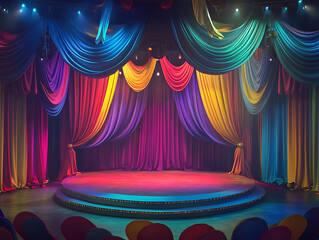 Fototapete - Vibrant circus stage with colorful lighting and drapes in the evening